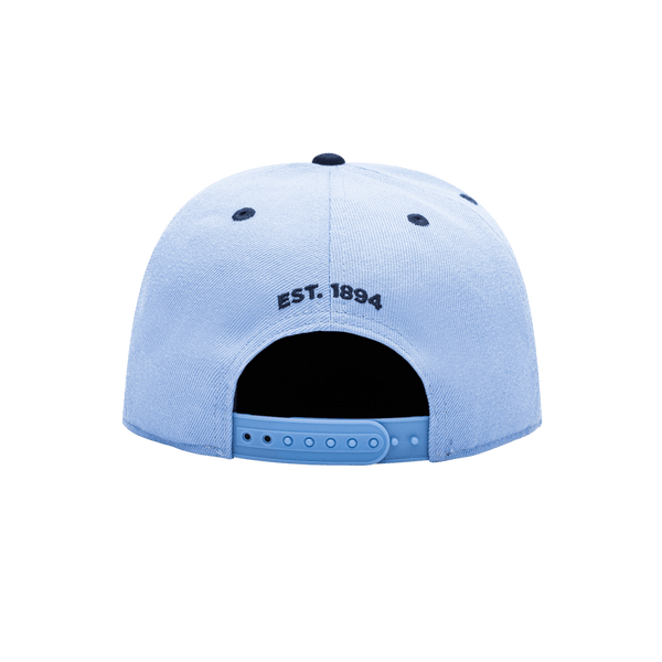Manchester City Tape Snapback with high crown, flat peak brim, and snapback closure, in Light Blue